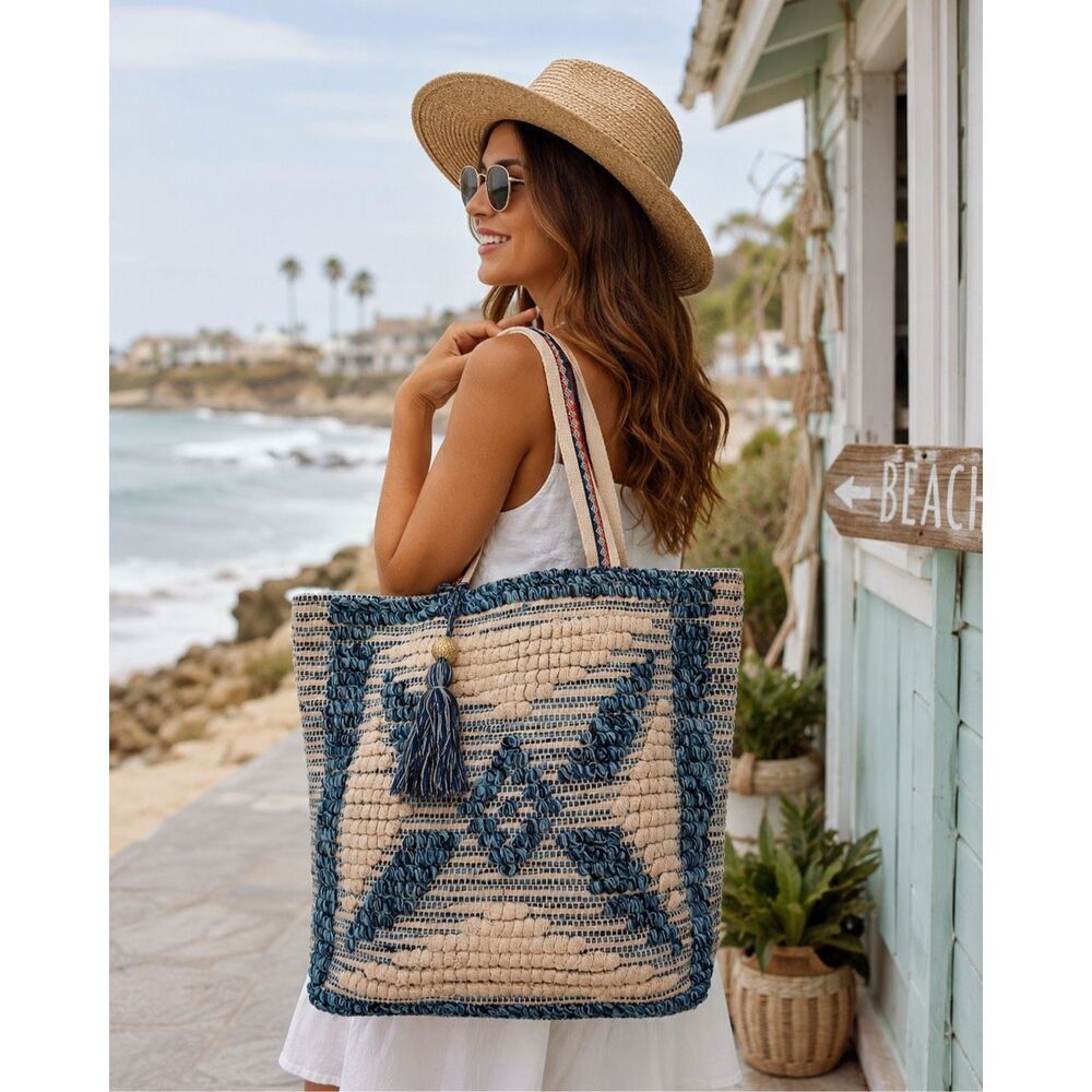 Lovestitch Blue & Cream Textured Tassel Tote Bag Boho Coastal Beach Shopper